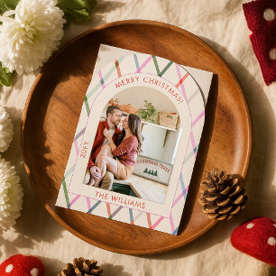 Pastel geruit patroon vrolijke kerstfoto kaart