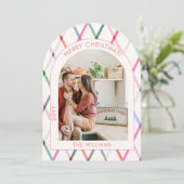 Pastel geruit patroon vrolijke kerstfoto kaart (Staand voorkant)