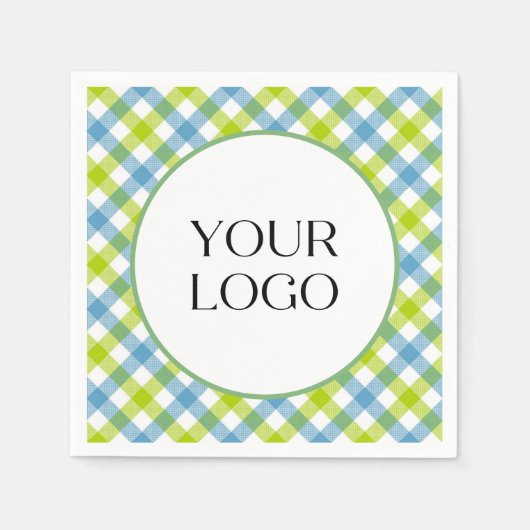 Pastel geruite servetten Uw logo hier Blauwe groen (Voorkant)