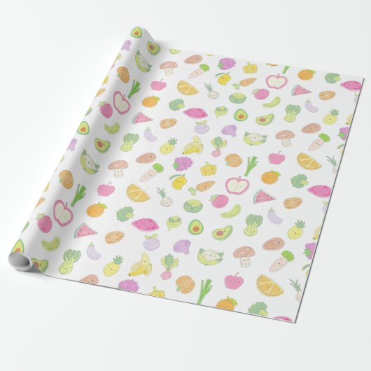 Pastel-getinte Schattige fruit en groenten Patroon Cadeaupapier (Uitgerold)