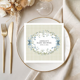 Pastel Gingham Blue Floral Baby Shower Servet