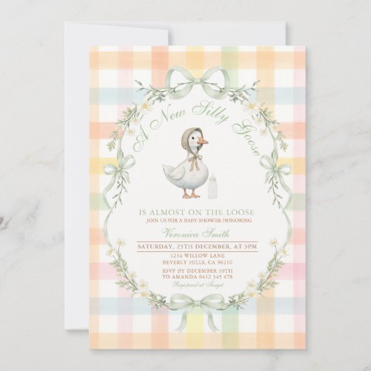 Pastel Gingham Dwaze Gans Baby SHOWER Uitnodiging (Voorkant)