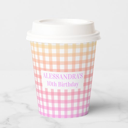Pastel Gingham Gradient Verjaardag Papieren Bekers (Voorkant)