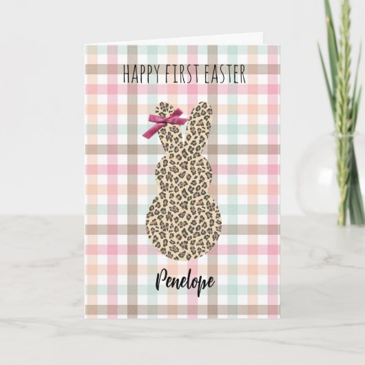 Pastel Gingham Leopard Bunny Happy 1e Pasen Kaart (Voorkant)