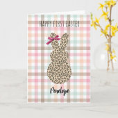 Pastel Gingham Leopard Bunny Happy 1e Pasen Kaart (Gele Bloem)