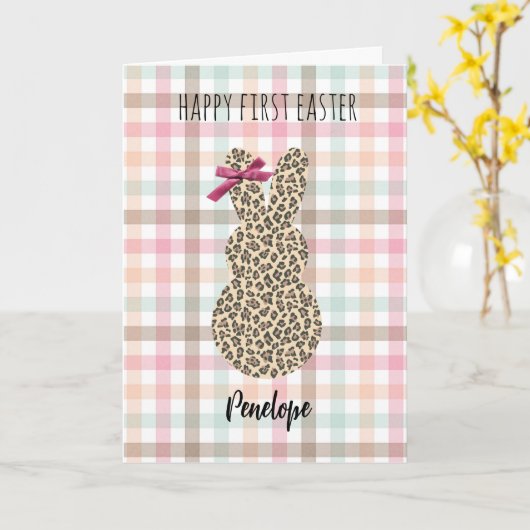 Pastel Gingham Leopard Bunny Happy 1e Pasen Kaart (Gele Bloem)