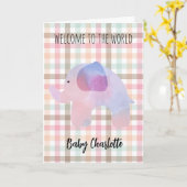 Pastel Gingham Olifant Welkom Baby Meisje Kaart (Gele Bloem)