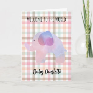Pastel Gingham Olifant Welkom Baby Meisje Kaart