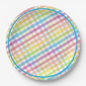 Pastel Gingham Rainbow Baby Shower Blue Papieren Bordje (Voorkant)