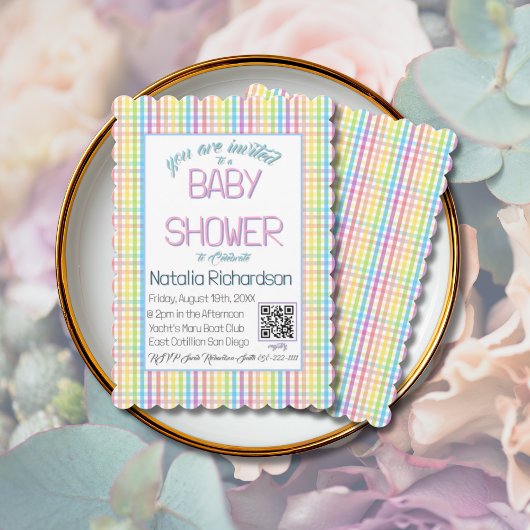 Pastel Gingham Rainbow Baby Shower Kaart