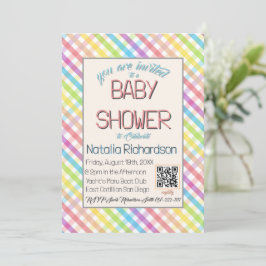 Pastel Gingham Rainbow Baby Shower Pink Kaart