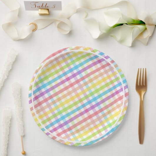 Pastel Gingham Rainbow Baby Shower White Papieren Bordje (Huwelijk)