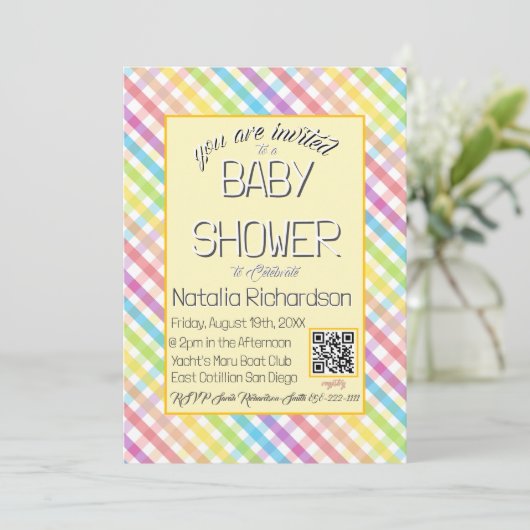 Pastel Gingham Rainbow Baby Shower Yellow Kaart (Staand voorkant)