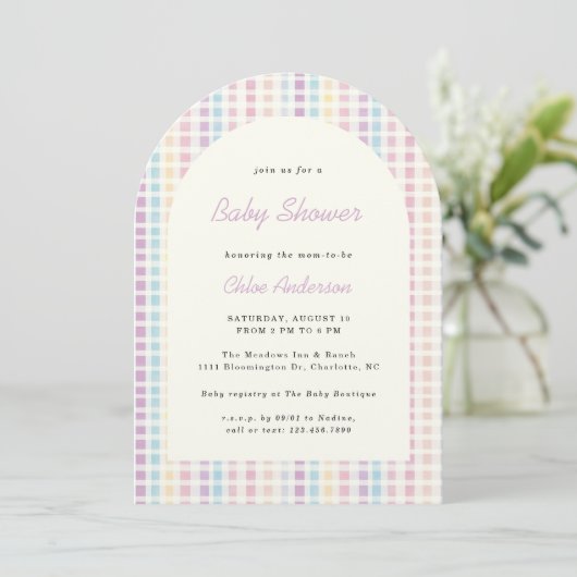 Pastel Gingham Rainbow Colors Baby shower Kaart (Staand voorkant)