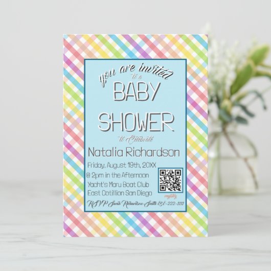 Pastel Gingham Regenboog Baby Shower Blauw Kaart (Staand voorkant)