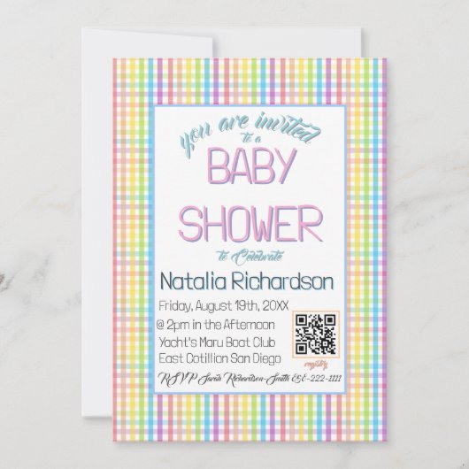 Pastel Gingham Regenboog Baby Shower Kaart (Voorkant)