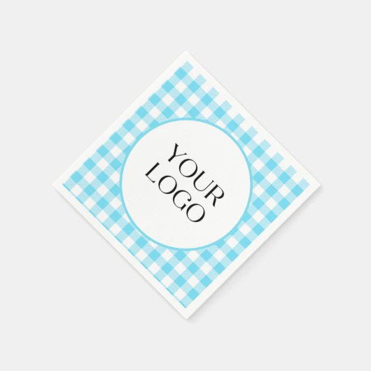Pastel Gingham servetten Uw logo hier Blauwe (Hoek)