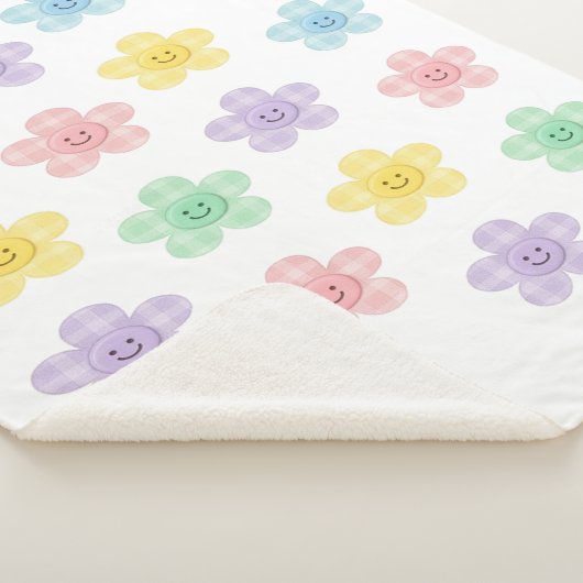 Pastel Gingham Smiling Flowers Cute Blanket Sherpa Deken (3/4)