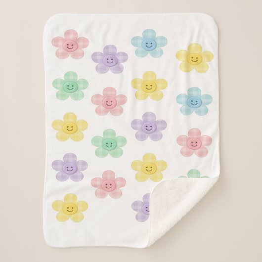 Pastel Gingham Smiling Flowers Cute Blanket  Sherpa Deken (Voorkant)