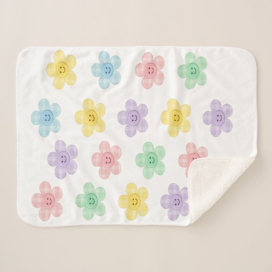 Pastel Gingham Smiling Flowers Cute Blanket  Sherpa Deken (Voorkant (horizontaal))