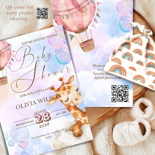 Pastel Giraffe Baby Shower Uitnodiging met QR-code