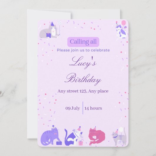 Pastel Girl Cat Invite Kaart (Voorkant)