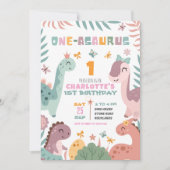 Pastel Girl Dinosaur 1st Birthday Invitation Kaart (Voorkant)