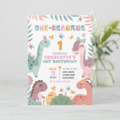 Pastel Girl Dinosaur 1st Birthday Invitation Kaart (Staand voorkant)