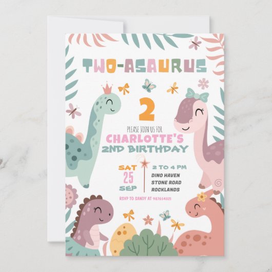 Pastel Girl Dinosaur 2nd Birthday Invitation Kaart (Voorkant)