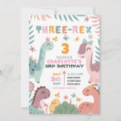 Pastel Girl Dinosaur 3rd Birthday Invitation Kaart (Voorkant)