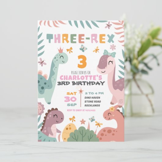 Pastel Girl Dinosaur 3rd Birthday Invitation Kaart (Staand voorkant)
