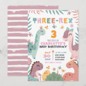 Pastel Girl Dinosaur 3rd Birthday Invitation Kaart (Voorkant / Achterkant)