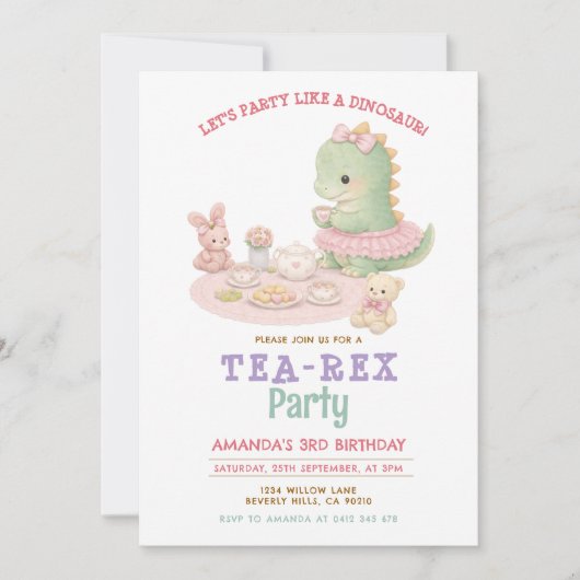 Pastel Girl Dinosaur Tea-Rex 3rd Girl Birthday Kaart (Voorkant)