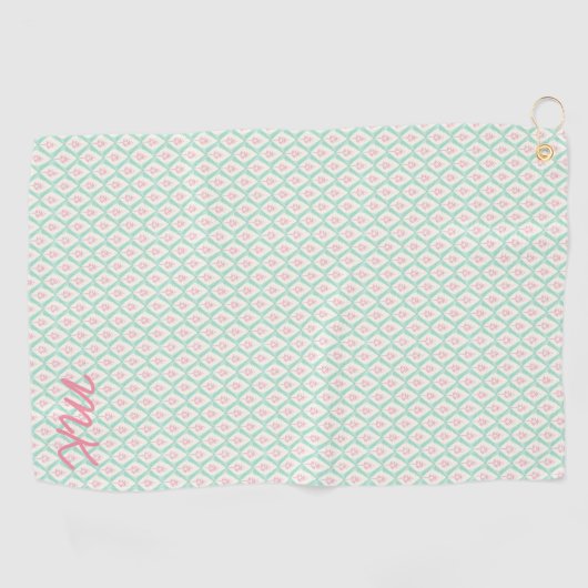 Pastel Girly Groen & Roze Patroon met Initialen Golfhanddoek (Horizontaal)
