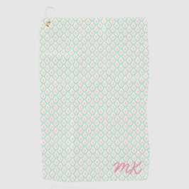 Pastel Girly Groen & Roze Patroon met Initialen Golfhanddoek