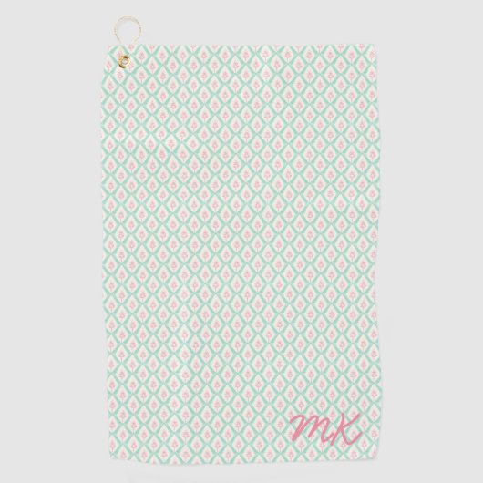 Pastel Girly Groen & Roze Patroon met Initialen Golfhanddoek (Voorkant)