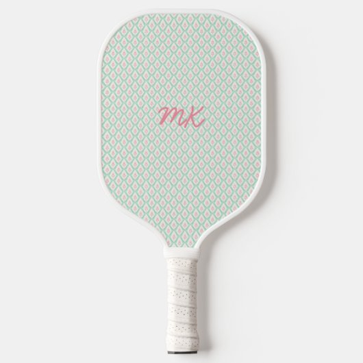 Pastel Girly Groen & Roze Patroon met Initialen Pickleball Paddle (Voorkant)