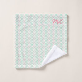 Pastel Girly Groen & Roze Patroon met Initialen Washandje