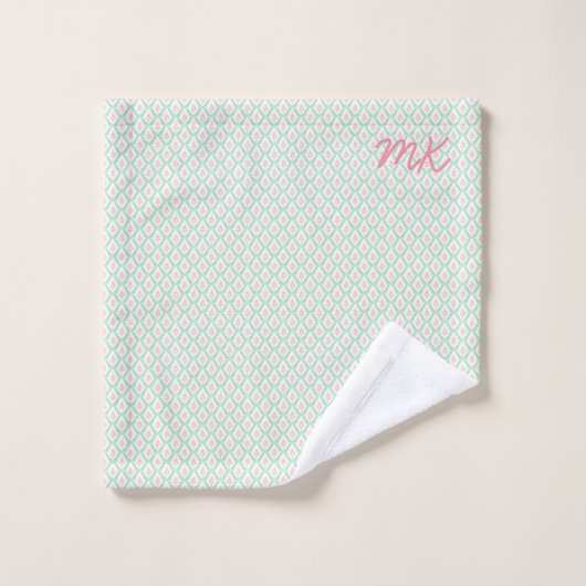 Pastel Girly Groen & Roze Patroon met Initialen Washandje (Wasdoekje)