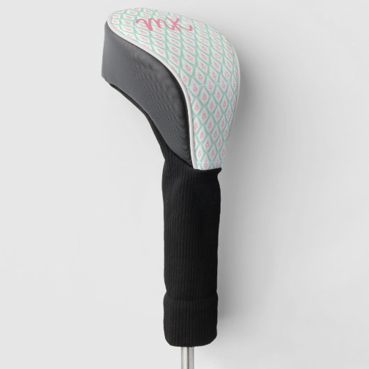 Pastel Girly Roze & Groen Patroon met Initialen Golfheadcover (Schuin)