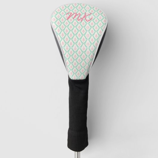 Pastel Girly Roze & Groen Patroon met Initialen Golfheadcover (Voorkant)