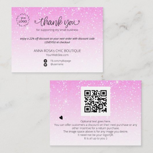 *~* Pastel Glitter Dank u Logo die QR brandt Informatiekaartje (Voorkant / Achterkant)