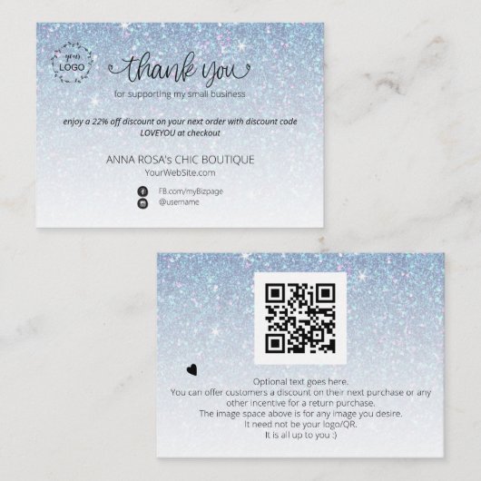 *~* Pastel Glitter Dank u QR Logo branding Informatiekaartje (Voorkant / Achterkant)