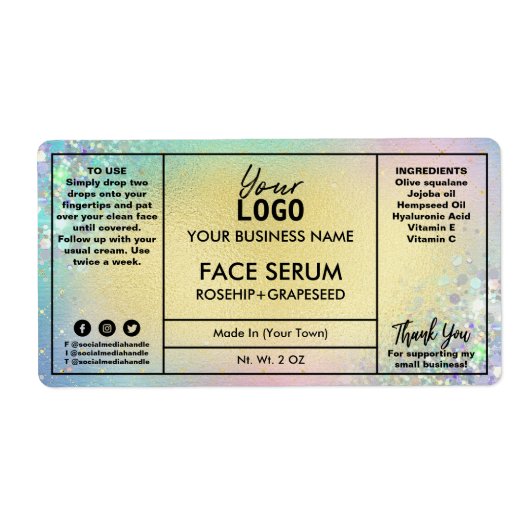 Pastel-glitter en goudface-serum etiket (Voorkant)