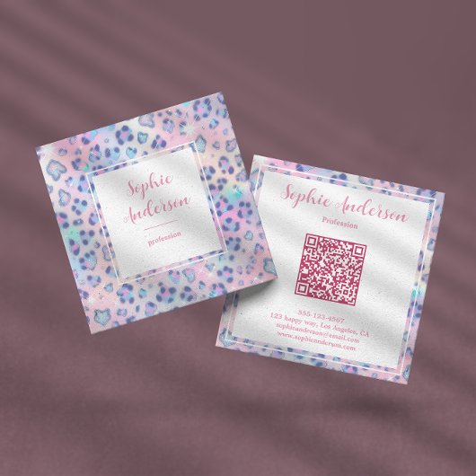 Pastel Glitter Leopard Print with Qr Code Vierkante Visitekaartje
