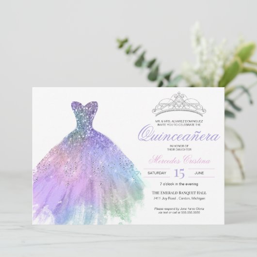 Pastel Glitter Mermaid Unicorn Rainbow Quinceañera Kaart (Staand voorkant)