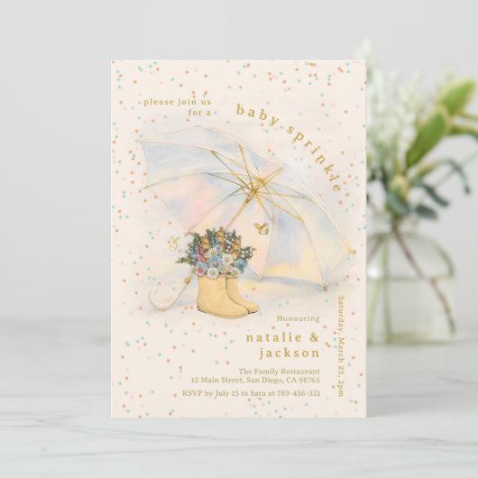 Pastel Glitter Paraplu Floral Boots Baby Sprinkle Kaart (Staand voorkant)