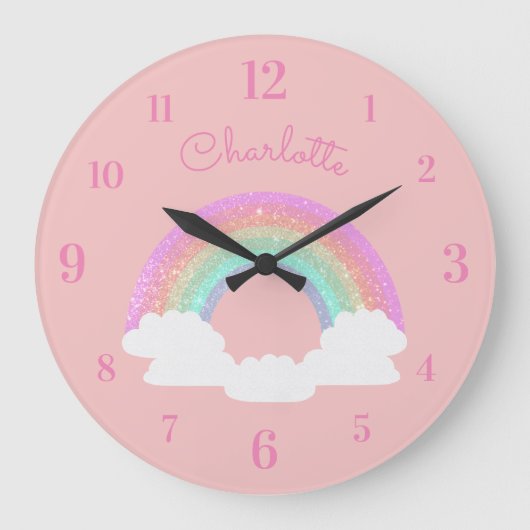 Pastel Glitter Regenboog met Aangepaste Naam op Ro Grote Klok (Voorkant)