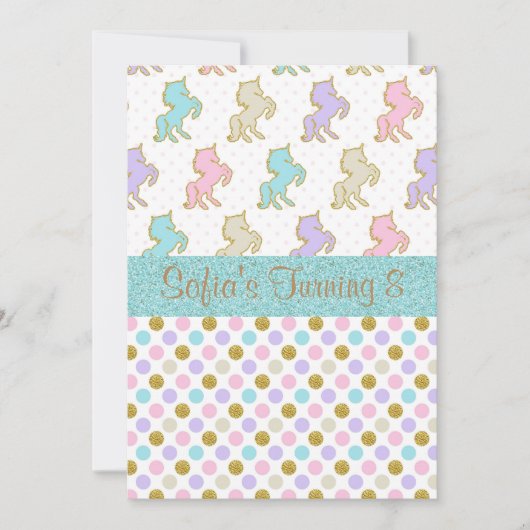 Pastel Glitter Unicorn Polka Dot Party Kaart (Voorkant)