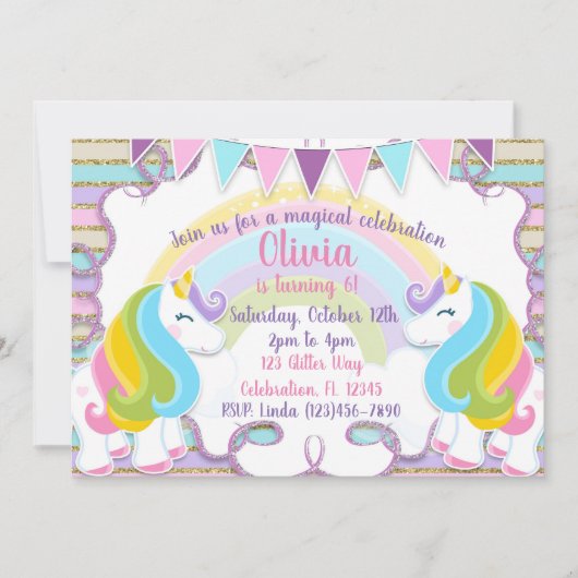 Pastel Glitter Unicorns Girls Birthday Kaart (Voorkant)